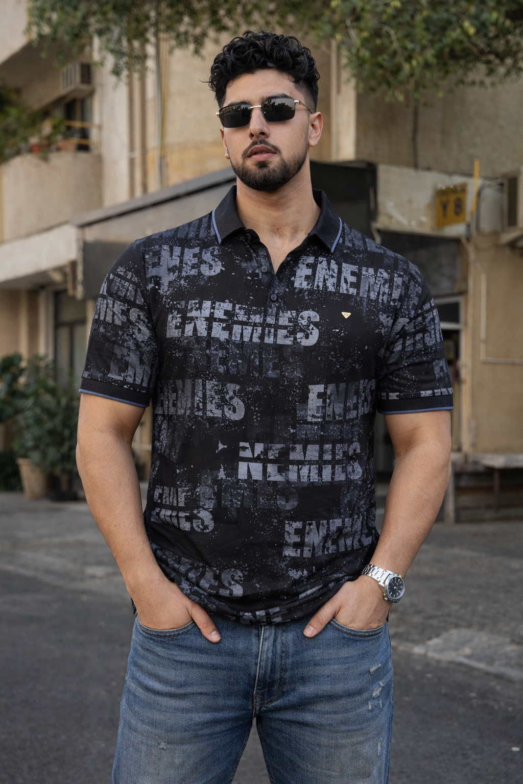 Men Typography Print Polo T-Shirt in Black