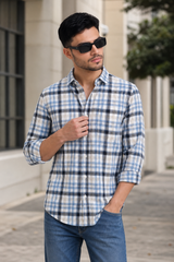 Men Blue Checkered Shirt - Long Sleeve Cotton