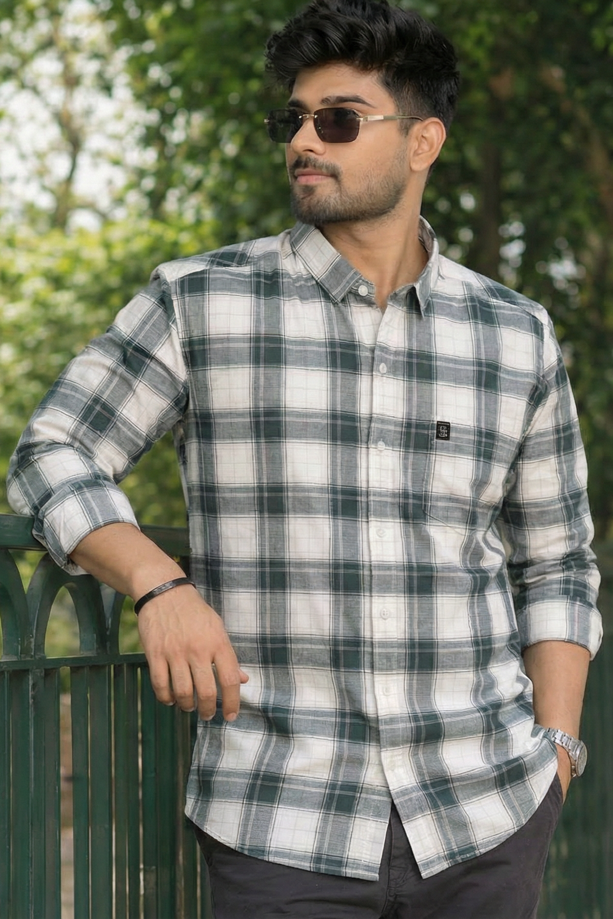 Dark Pista & White Checked Shirt – Modern Casual Look for Men WON