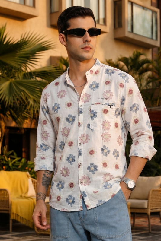Blue Floral Print Shirt for Men | Trendy Mandarin Collar Casual Zero