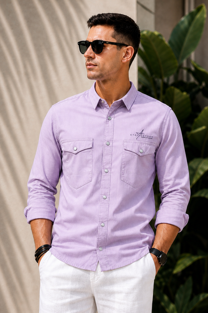 Men Plain Cotton Lavender Full Sleeve Shirt | Casual Button Down Shirt with Pockets SC-1972