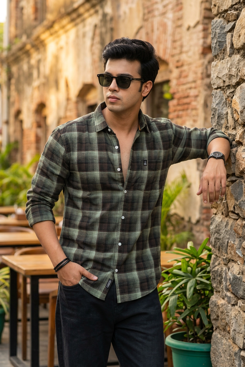 Olive Checks Shirt for Men | Slim Fit Full Sleeve WON