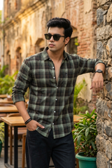 Olive Checks Shirt for Men | Slim Fit Full Sleeve WON