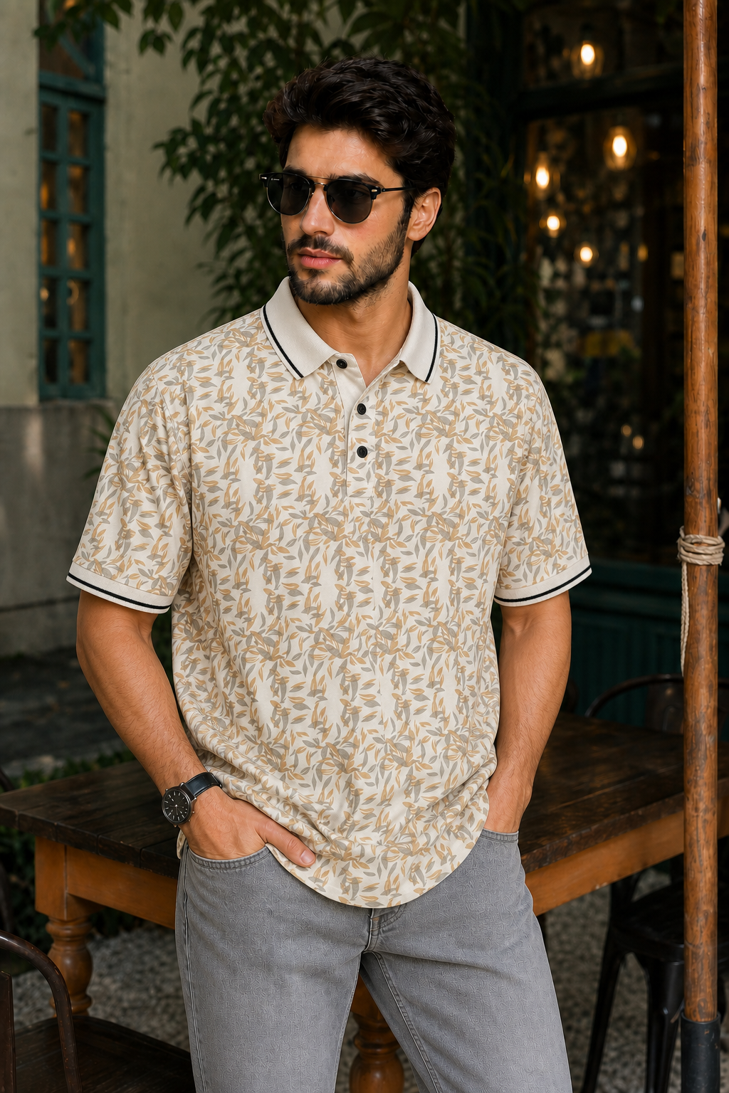 Men White Leaf Print Polo T-Shirt