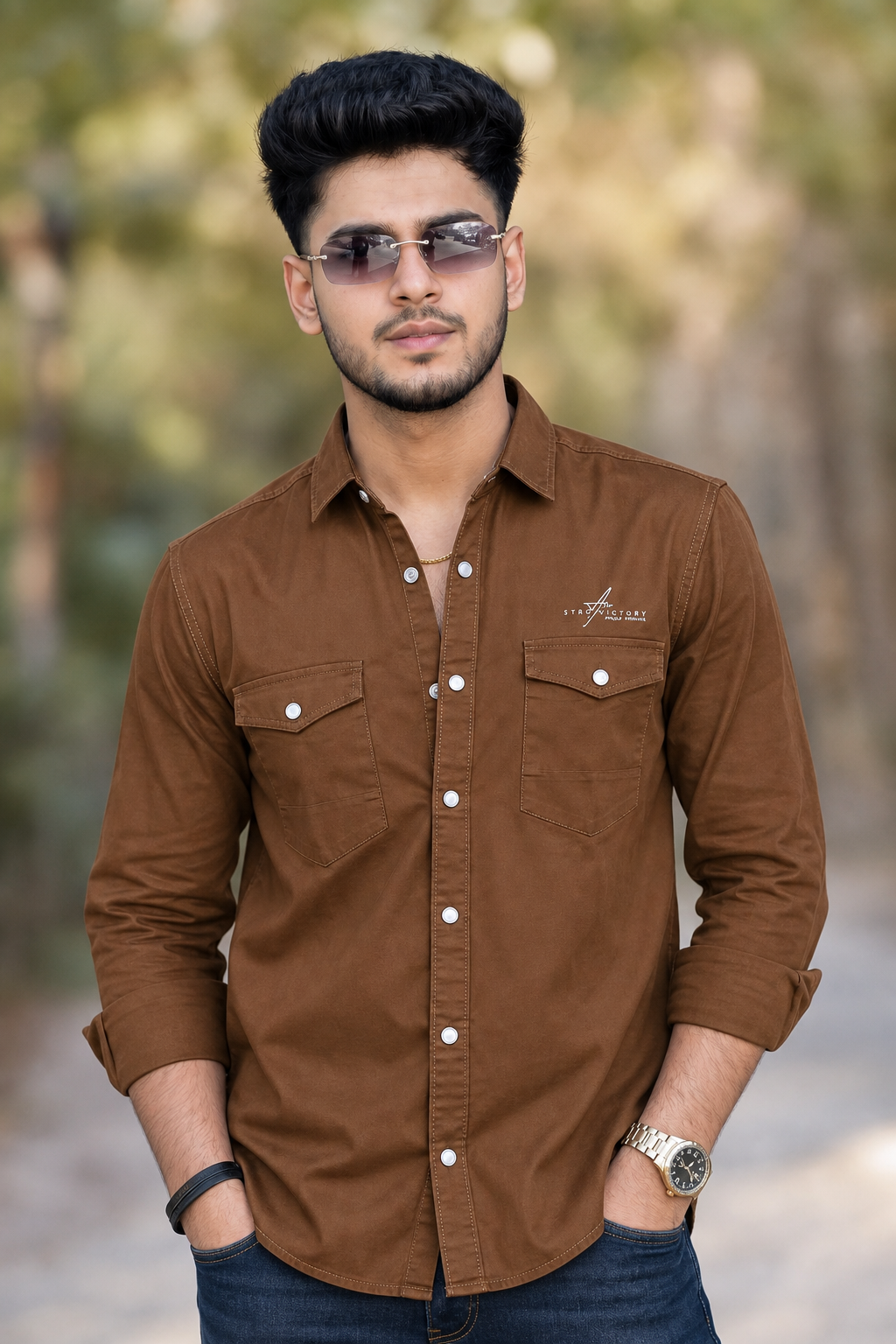 Men Plain Cotton Khakhi Full Sleeve Shirt | Casual Button Down Shirt with Pockets
