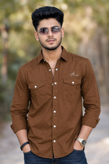 Men Plain Cotton Khakhi Full Sleeve Shirt | Casual Button Down Shirt with Pockets