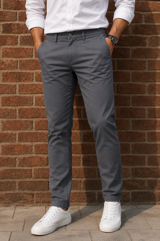 Men Grey Micro-Textured Cotton Chinos | Stylish Narrow Fit Pants