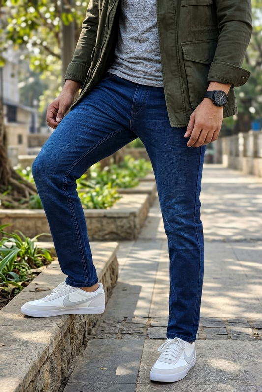 Men Dark Blue Ankle Fit Jeans | Premium Stretch Denim Pant