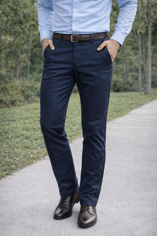 Men Slim Fit Navy Blue Textured Structure - Premium Cotton Trousers 5126