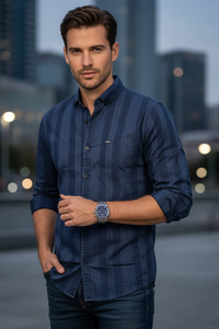 Premium Navy Blue Tonal-Striped Shirt for Men 251169354