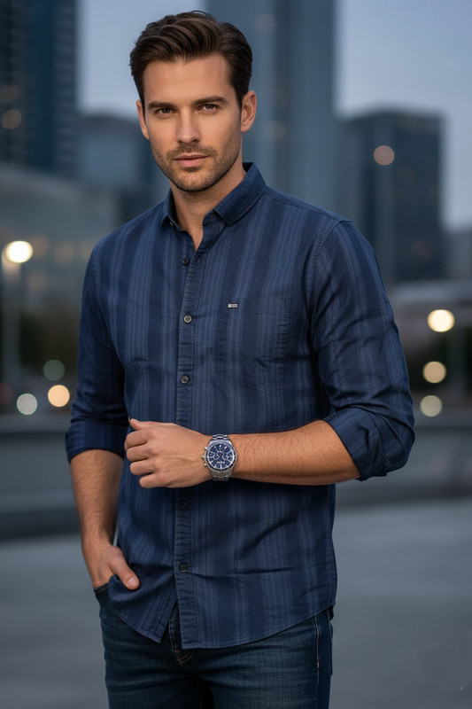 Premium Navy Blue Tonal-Striped Shirt for Men 251169354