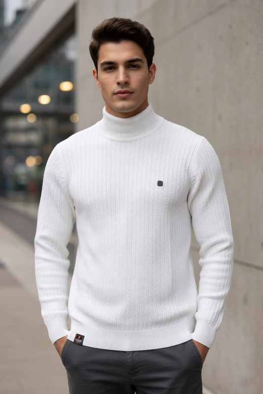 Premium Slim Fit White Ribbed High Neck Pullover 251205533