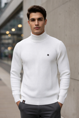 Premium Slim Fit White Ribbed High Neck Pullover 251205533