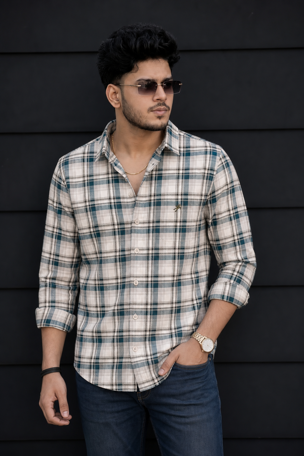 Green Checked Button-Up Shirt for Men – Smart Casual Style