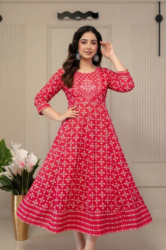 Bright Rani Cotton Rayon Printed Kurti – Comfortable Flared Anarkali Dress for College Office & Daily Wear