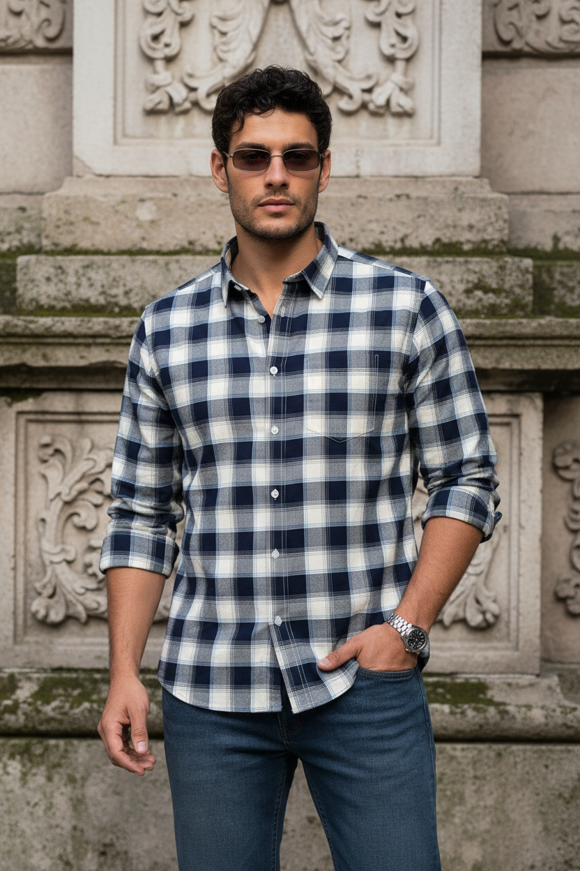 Men Premium Navy Blue Checkered Shirt – Casual Style OXFCH