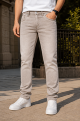 Men Cream Textured Narrow Fit Denim Jeans
