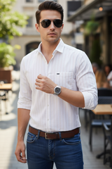 Men White Pinstripe Shirt | Classic Vertical Stripe Slim Fit 251205868