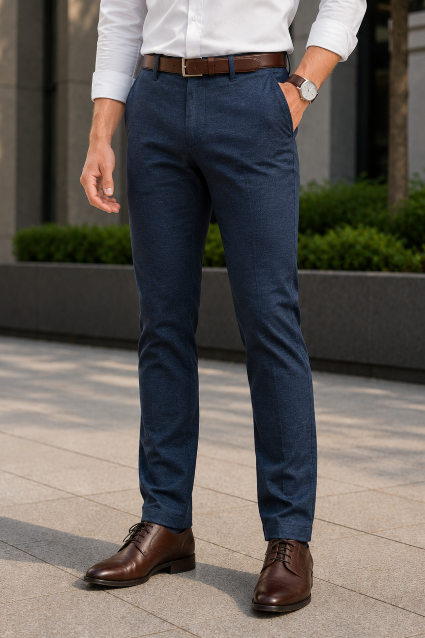 Men Narrow Fit Blue Melange Structure - Textured Cotton Chinos 5128