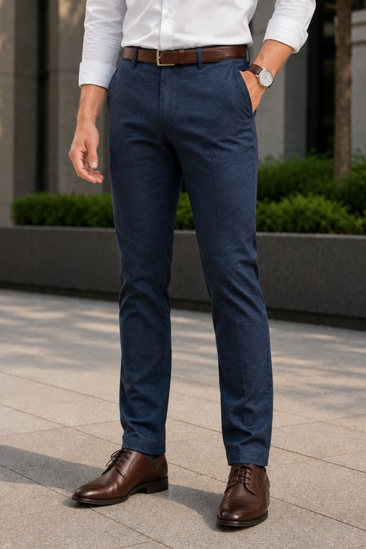 Men Narrow Fit Blue Melange Structure - Textured Cotton Chinos