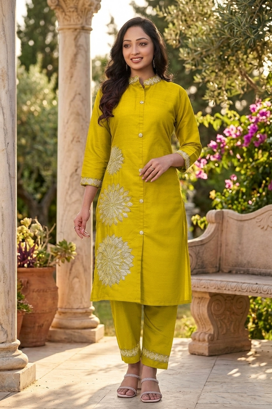 Pgreen Floral Embroidery Work Cord Set for Women 1057