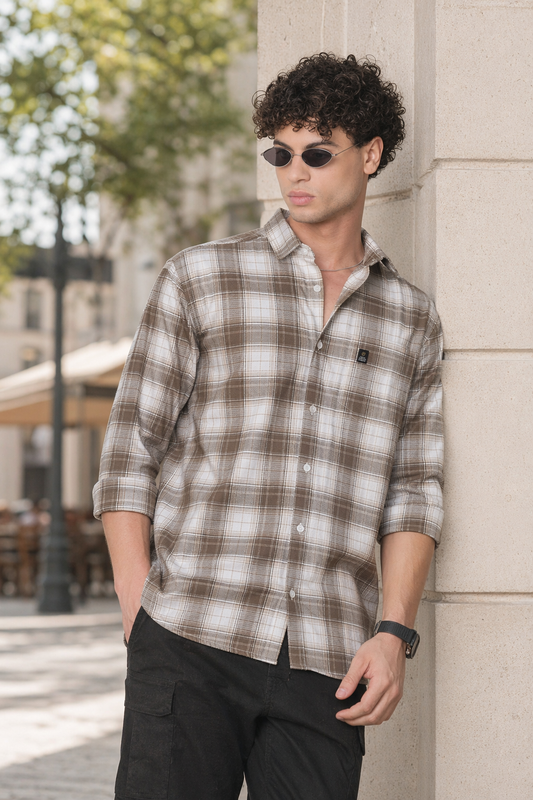 Beige & Brown Checked Shirt – Modern Casual Look for Men WON