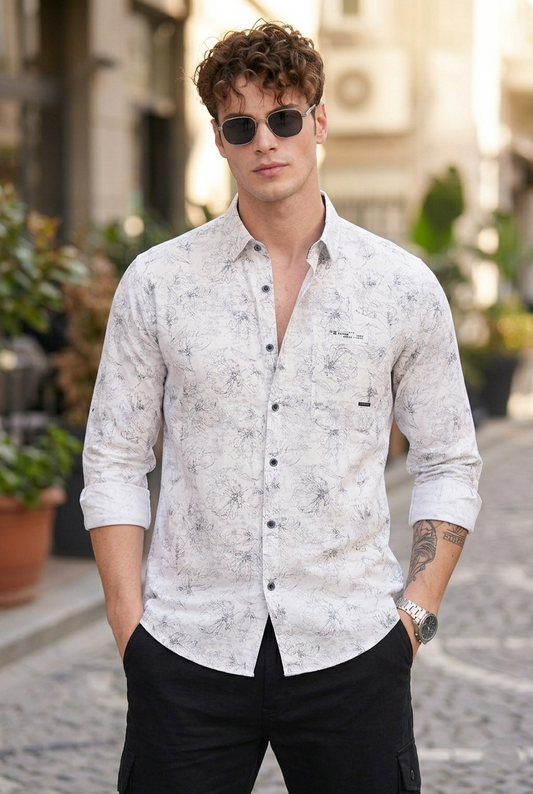 Men Dark Grey Floral Line Art Shirt | Trendy Casual Wear Zero