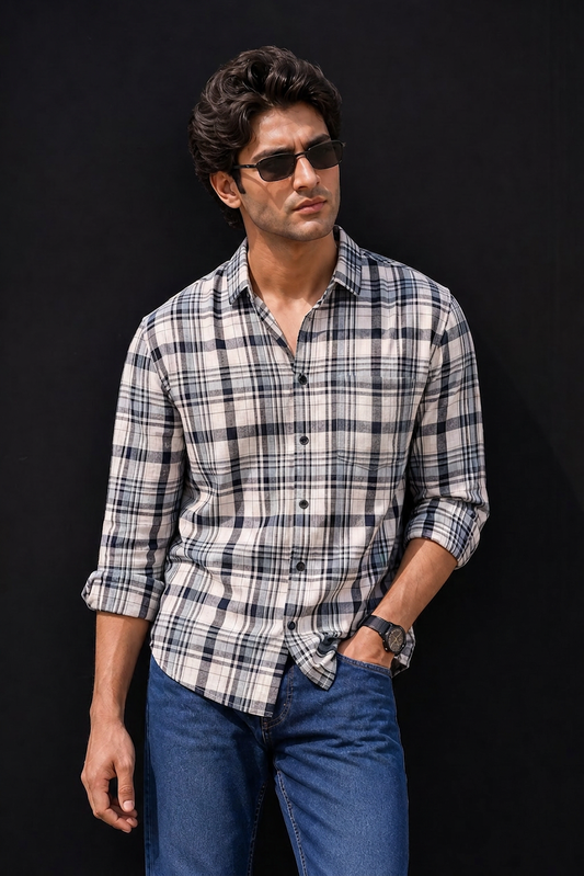 Men White and Navy Blue Checkered Casual Shirt