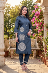 Navy Blue Floral Embroidery Work Cord Set for Women 1057