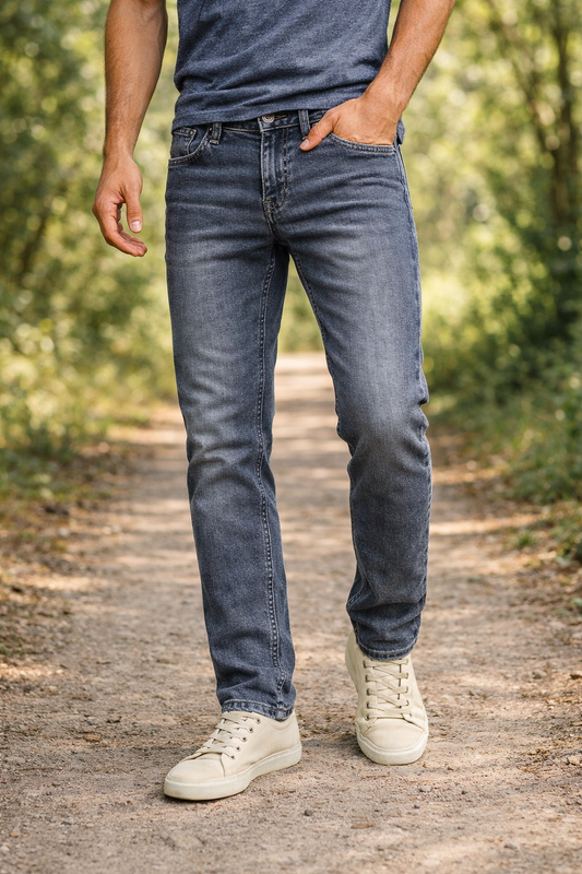 Men Dark Grey Colour Narrow Fit Sulphur Wash Jeans - Stretch Denim HEN