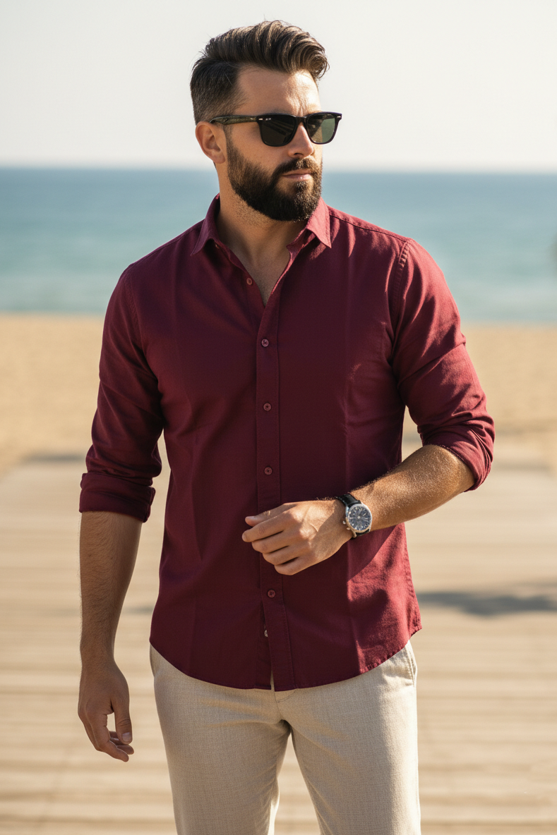 Men Plain Maroon Cotton Casual Shirt | Essential Solid Styles-251210575 251211180