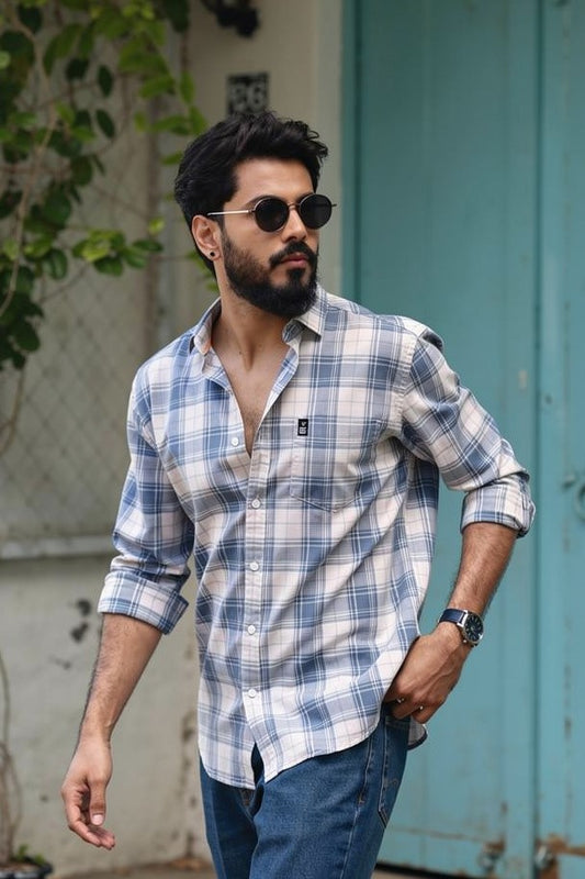 Men Grey Colour Casual Check Shirt – Premium Cotton WON