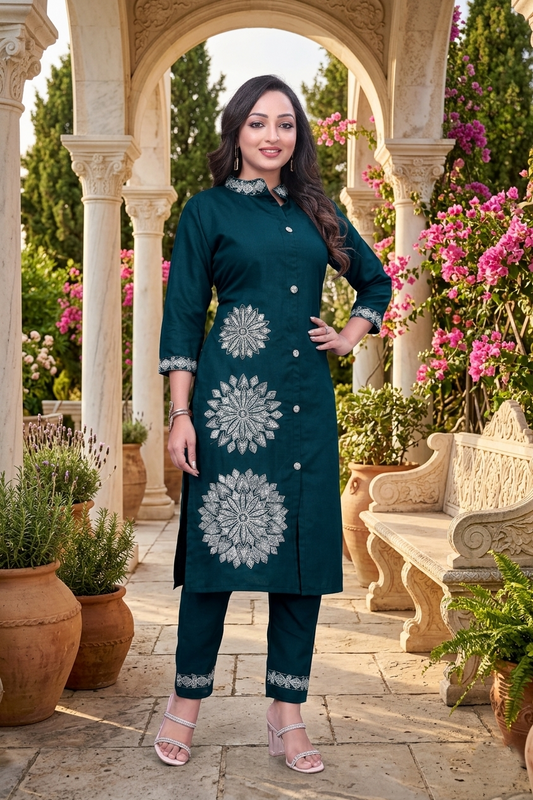 Green Floral Embroidery Work Cord Set for Women 1057