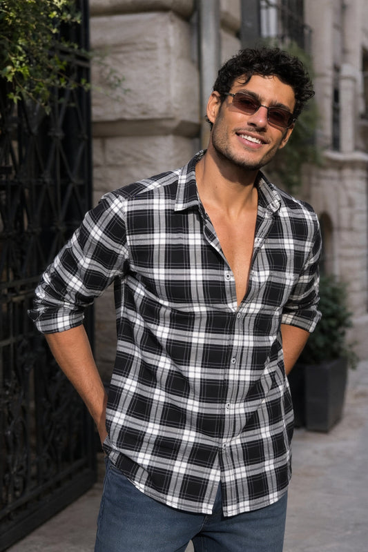 Black Checkered Shirt for Men | Classic Plaid Long Sleeve Casual Shirt OXFCH