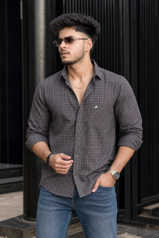 Men Small Check Pattern Shirt in Grey | Casual Full Sleeve Shirt