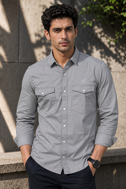 Men Plain Cotton Grey Full Sleeve Shirt | Casual Button Down Shirt with Pockets SC-1972