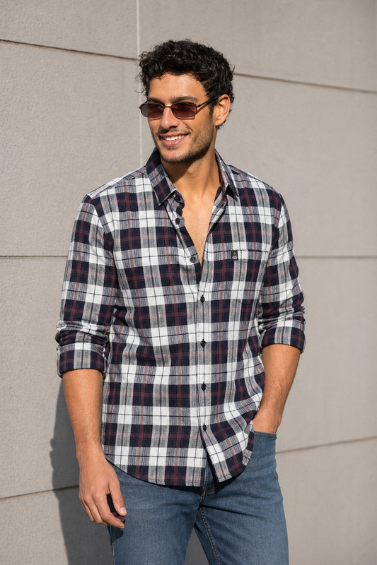 Men Wine Checked Slim Fit Casual Shirt | Premium Cotton FABCK