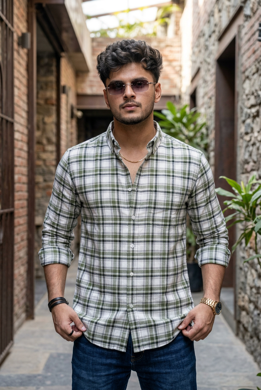 Men Olive Casual Shirt – Checkered Daily Wear OXFCH