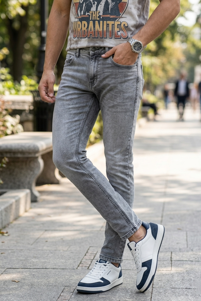 Khinwaj Men Light Grey Silver Wash Narrow Fit Denim Jeans Premium