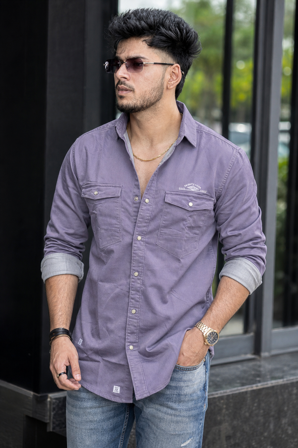Men Lavender Double Pocket Casual Shirt | Snap Button Denim Shirt