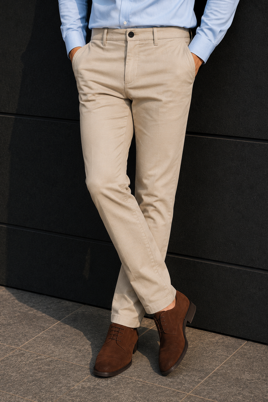 Men Narrow Fit Fawn Melange Structure - Textured Cotton Chinos