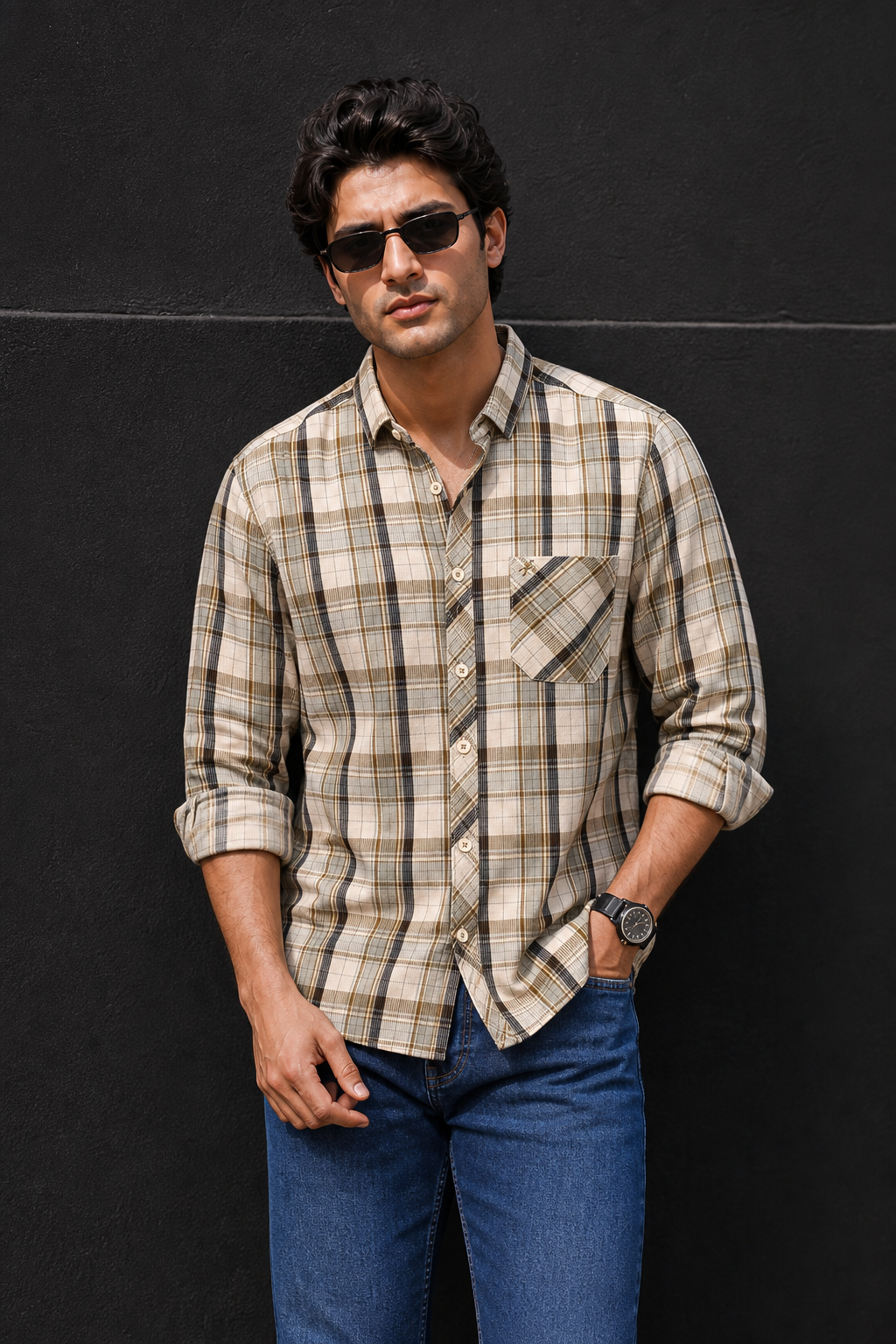 Men Olive & Cream Checked Full Sleeve Casual Shirt
