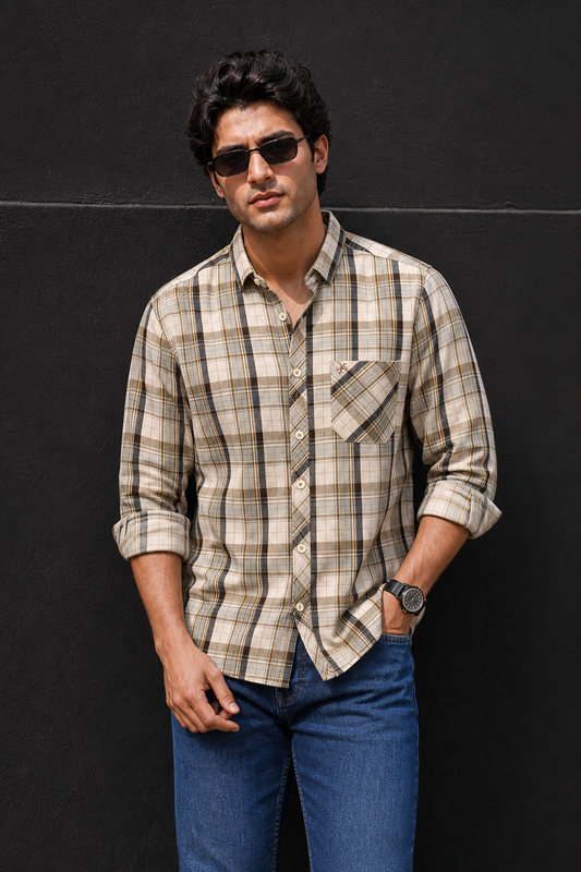 Men Olive & Cream Checked Full Sleeve Casual Shirt