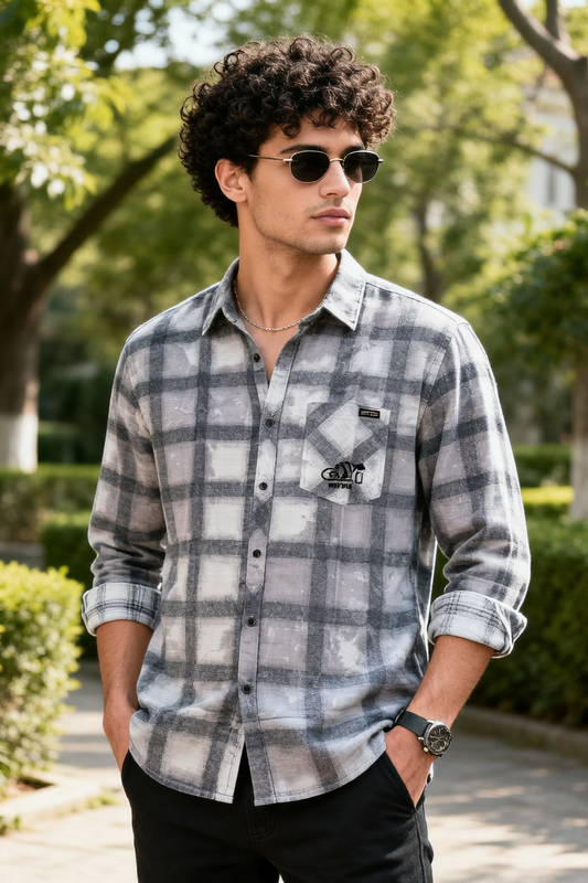 Grey Distressed Check Shirt for Men | Trendy Casual Long Sleeve Zero