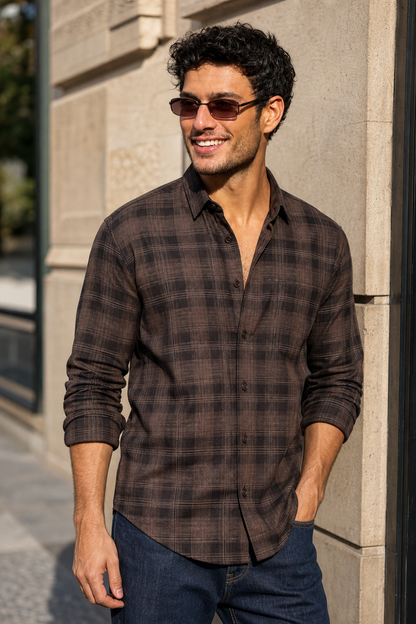 Beige & Black Plaid Long Sleeve Shirt
