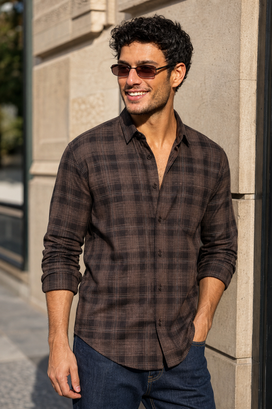 Beige & Black Plaid Long Sleeve Shirt KEV-592