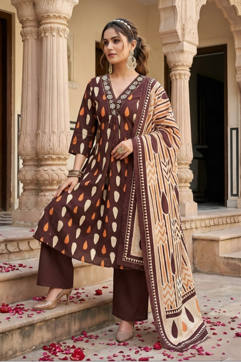 Women Floral Pure Cotton Kurta, Churidar & Dupatta Set-Maroon-261014108