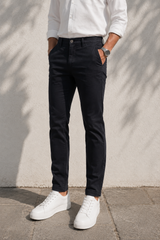 Men Black Micro-Textured Cotton Chinos | Stylish Narrow Fit Pants 5130