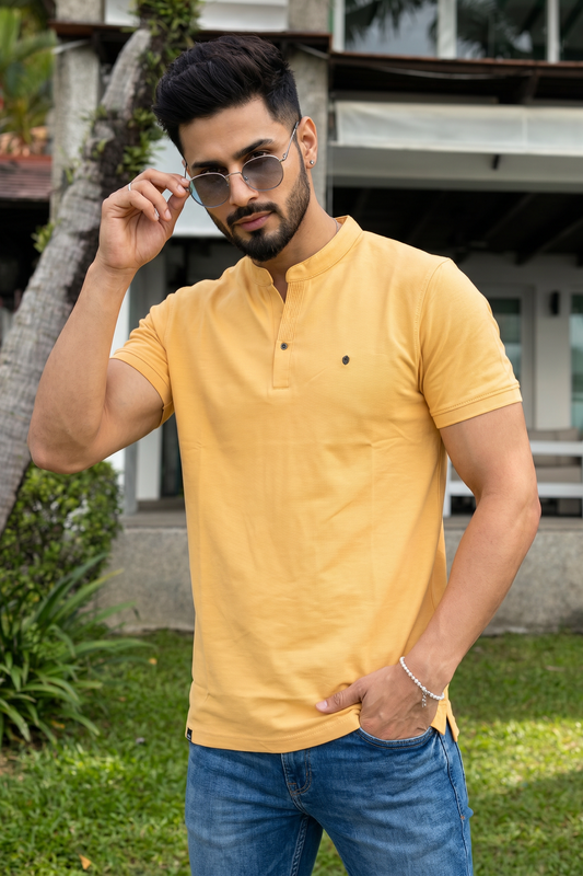 Men Solid Yellow Mandarin Collar Polo T-Shirt - Premium Sinker Slim Fit 13058