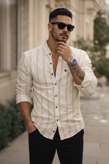 Men Beige Striped Shirt Outfit – Modern Street Style Look 261049715